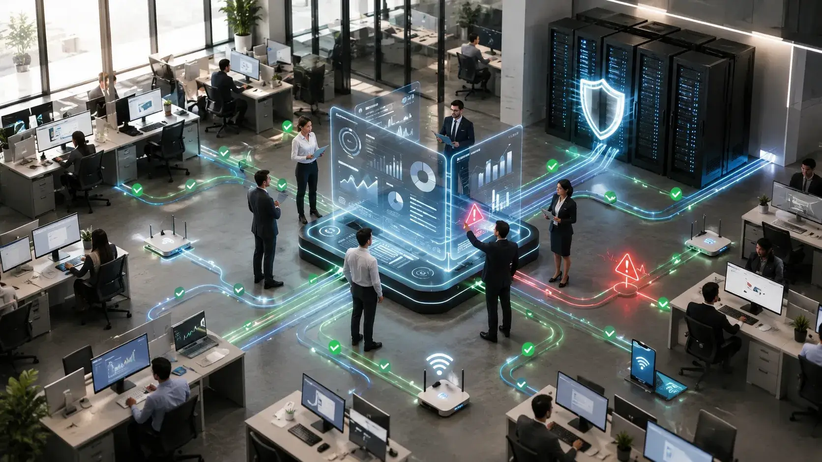 Network monitoring dashboard displaying real-time performance, traffic analytics, and infrastructure health